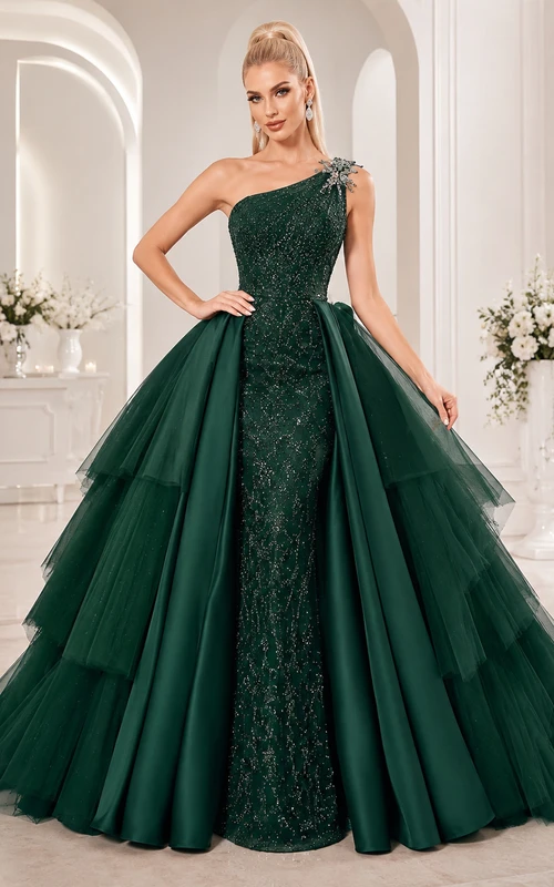 Dark Green One Shoulder Glitter Tulle Tiered Ball Gown High Low Quinceanera Dress