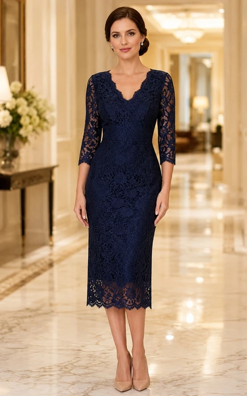 Navy V-Neck Three-quarter Sleeve Lace Sheath Tea-length Scalloped Formal Dress