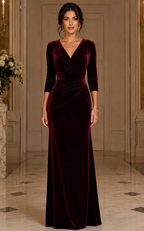 Robe fourreau longue en velours bordeaux à col en V
