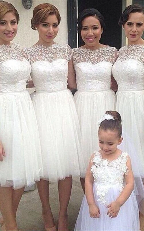 Romantic White Tulle Lace Champagne Bridesmaid Dress Short Sleeve
