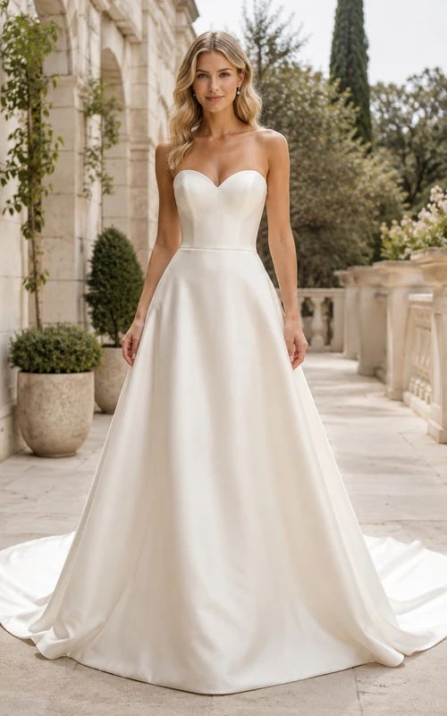 Minimalist Satin Wedding Dress A-Line Strapless Sweetheart Court Train Bridal Gown