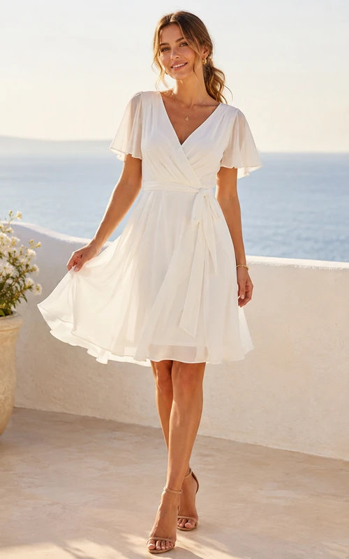 Vestido de cóctel de boda informal de corte A, romántico, con escote en V, mangas acampanadas y fajín de gasa hasta la rodilla.