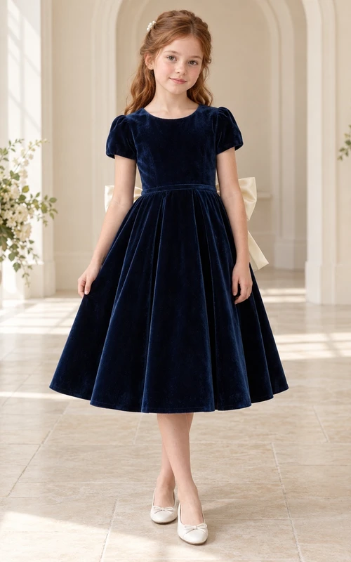 Simple Tea-length Dark Navy Ivory Velvet Satin Bow Puff Sleeve Round Neck Flared Flowergirl Dress