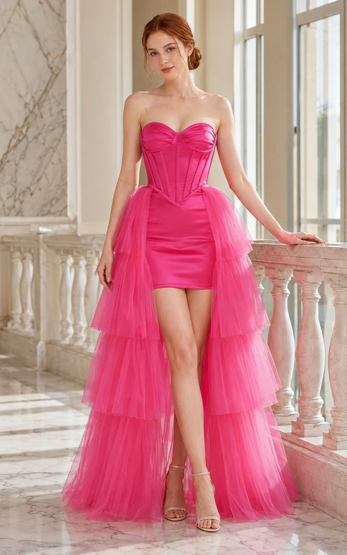 Elegante vestido de cóctel de graduación con abertura frontal, estilo corsé rosa fucsia convertible de corto a largo hasta el suelo.