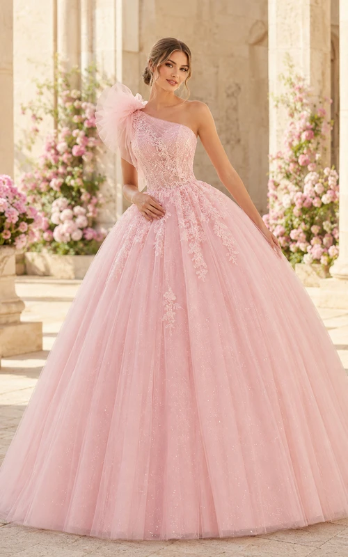 Vestido de gala largo hasta el suelo de tul con encaje floral y plumas, color rosa rubor, estilo princesa, de un solo hombro, ideal para quinceañeras o graduaciones.