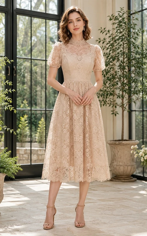 Champagne Lace Square Neck Short Sleeve A-Line Tea-length Formal Dress