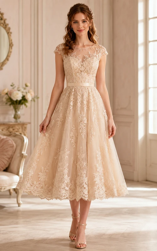 Heirloom Tea Champagne A-Line Bateau Short-Sleeve Lace Vintage Guest Dress