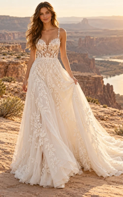 Boho V-neck Spaghetti Strap Floral Chiffon A-line Train Wedding Dress