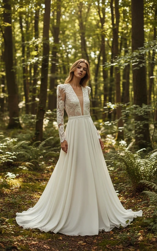 Illusion V-Ausschnitt, lange Ärmel, Spitze, Chiffon, Waldhochzeitskleid