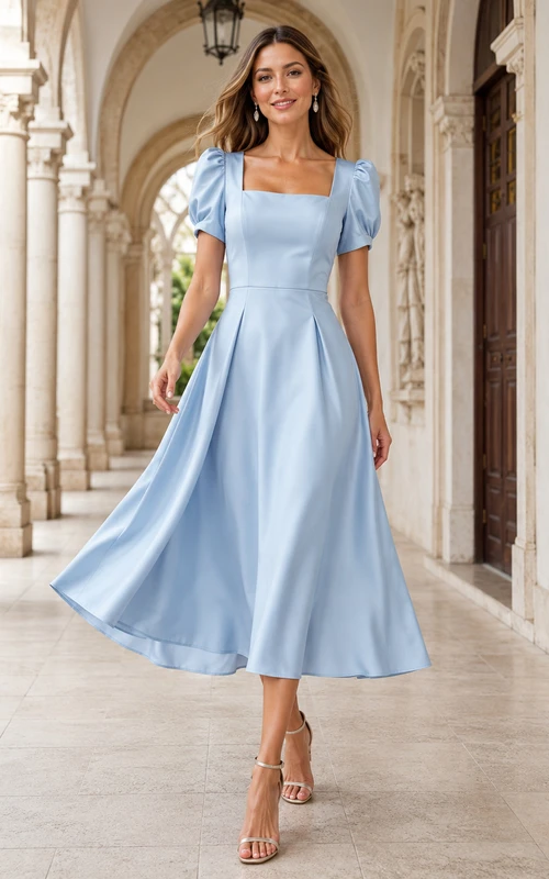 Sky Blue Square Neck Puff Sleeve Pleated Satin A-Line Tea Length Christening Mother Dress