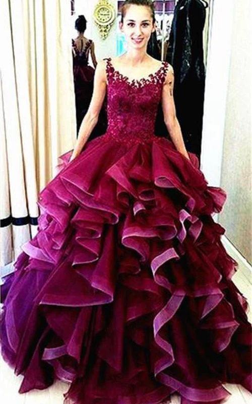 Neuestes ärmelloses Prinzessinnen-Abendkleid mit Spitzenapplikationen und Rüschen