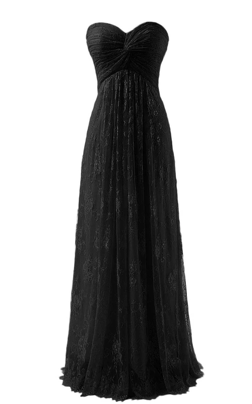 Vestido largo fruncido con escote corazón y corpiño de encaje.