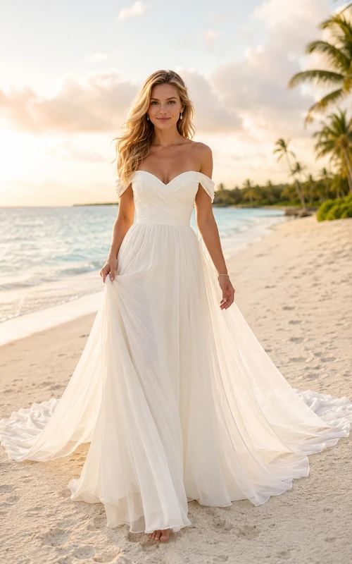 Off-the-Shoulder A-Line Beach Wedding Dress