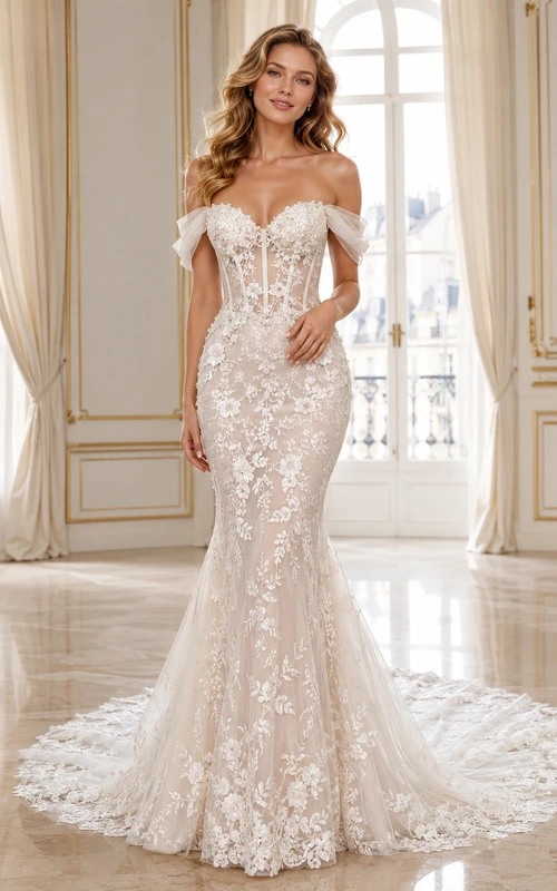 Robe de mariée sirène ajustée en dentelle, épaules dénudées, manches courtes, traîne chapelle, applications florales, style jardin