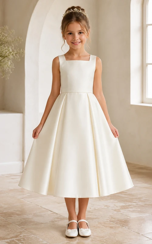 Flower Girl Dress Ivory Satin A-Line Jewel Neck Tea Length Bow Detail