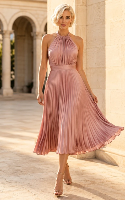 Robe cocktail vintage rose poudré en satin, col montant plissé, dos nu, longueur thé, coupe trapèze, à col montant plissé.