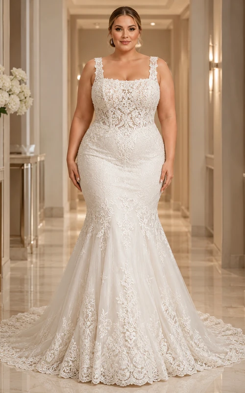 Robe de mariée sirène romantique grande taille en dentelle, décolleté en V plongeant, bretelles larges et encolure carrée, avec traîne chapelle