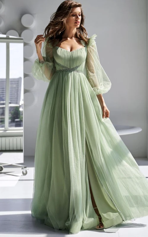 Robe bouffante décontractée à manches longues plissée et fente sur le devant ornée de perles
