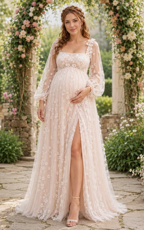 Maternity Wedding Dress Square Neck Long Sleeve Lace Garden Bridal Gown with Split Front