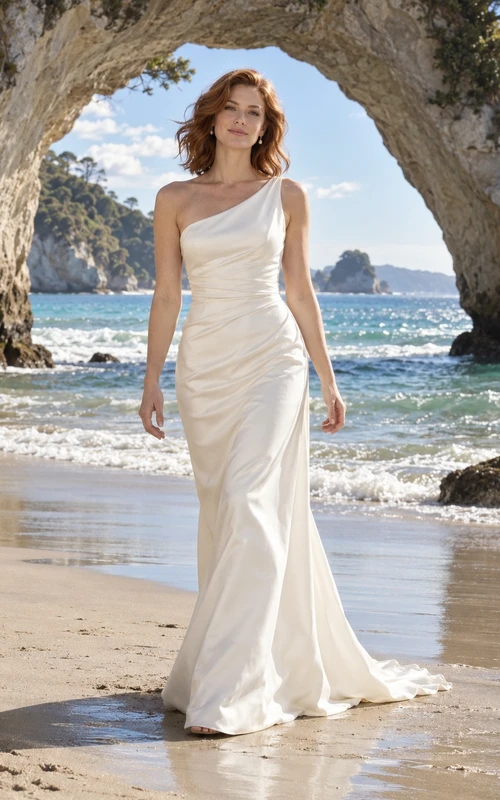 Schlichtes, einseitig schulterfreies, drapiertes Etuikleid aus Satin für die Strandhochzeit