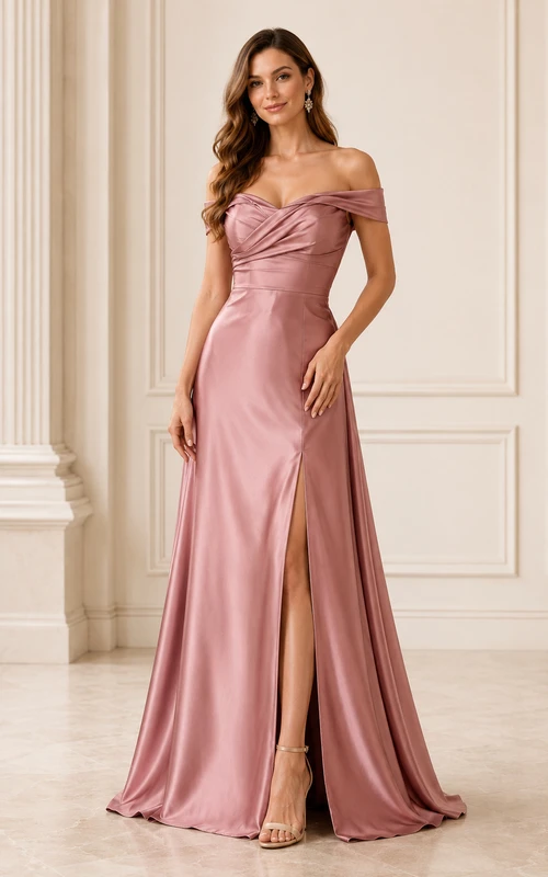 Vestido formal de satén color rosa empolvado con escote Bardot y corte en A, abertura lateral alta.