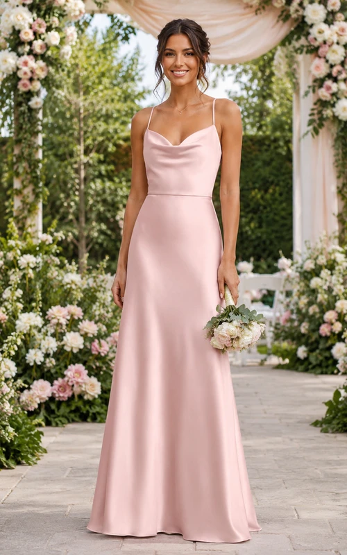 Pearl Pink Cowl Neck Satin Sheath Bridesmaid Dress