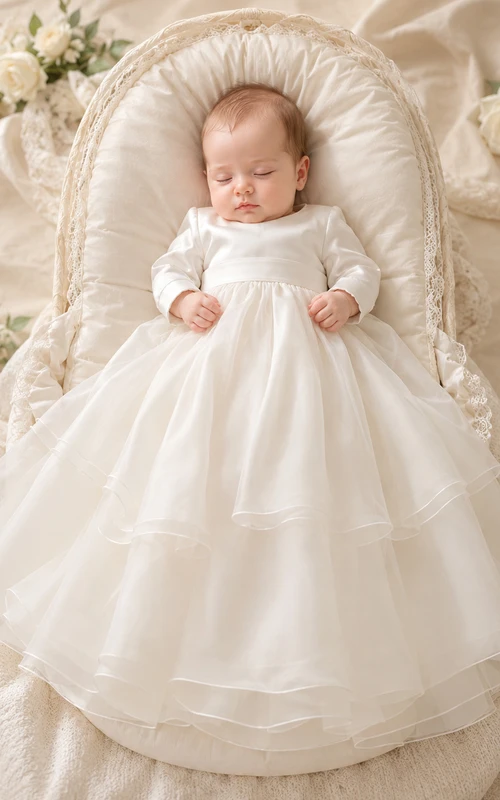 Satin-Oberteil, Organza-Rock, Taufkleid für Neugeborene, A-Linie, lange Ärmel, schlicht
