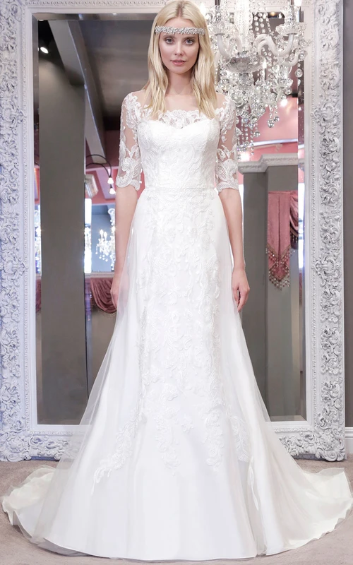 A-Linien-Hochzeitskleid aus Spitze und Tüll mit Rundhalsausschnitt und halben Ärmeln
