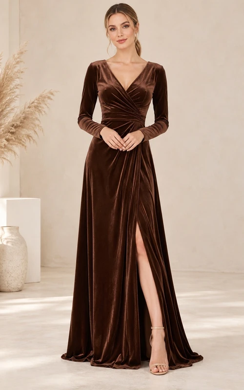 Western Chocolate V-Neck Long Sleeve Velvet Split Bridesmaid Dress