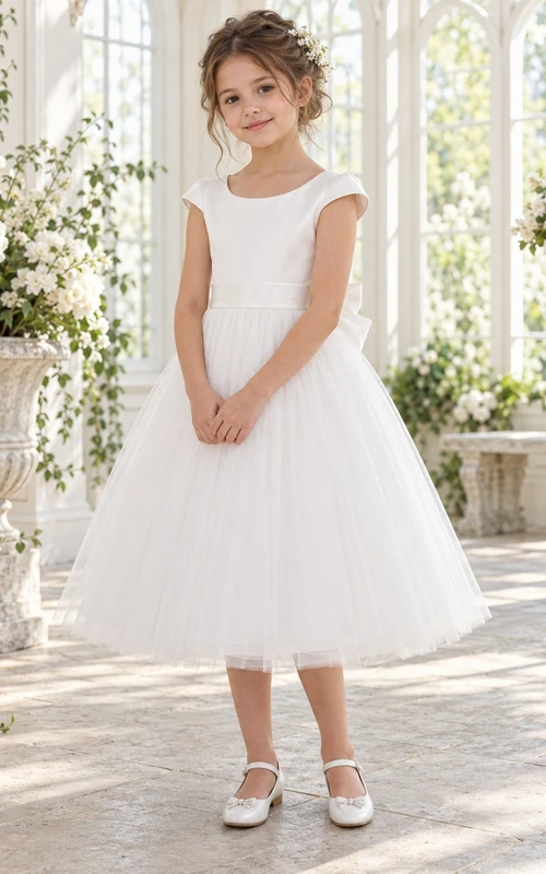 Vestido de niña de flores sencillo, blanco, de corte A, de tul, con mangas cortas, escote en la espalda y doble lazo.