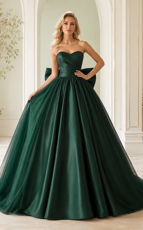 Dark Green Luxury Strapless Sweetheart Oversized Bow Satin Chapel Train Sweet Sixteen Ball Gown