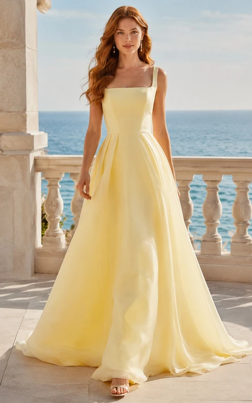 Vestido de novia de organza color amarillo narciso con escote cuadrado, corte en A y cola de capilla, ideal para bodas en jardines.