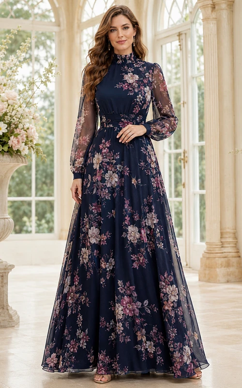 Navy Floral High Neck Long Sleeve A-Line Formal Maxi Dress