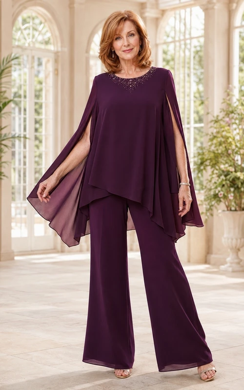 Plum Chiffon Bat-Sleeve Two-Piece Jumpsuit Wide-Leg Mother Suit