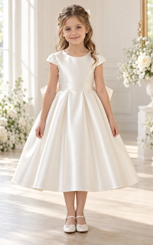 Tea-length Vintage Simple Ivory A-line Satin Cap-sleeve Bow-back Flower Girl Dress