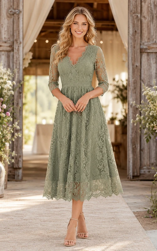 Salbeigrünes A-Linien-Midikleid mit V-Ausschnitt, Dreiviertelärmeln und Spitze