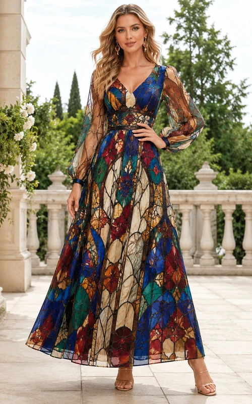 Vestido midi con escote en V y mangas transparentes con estampado de vidrieras