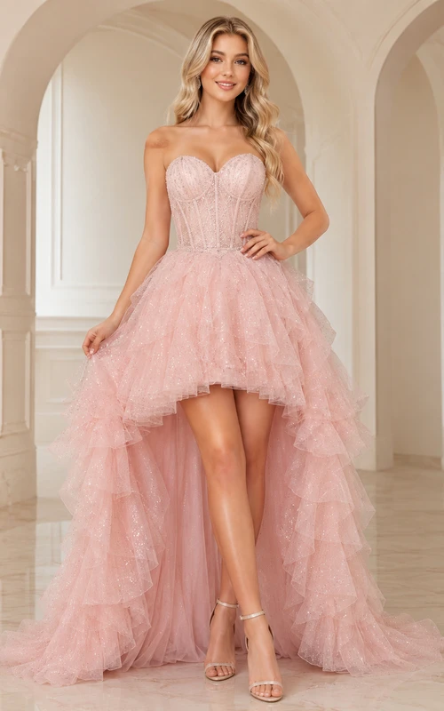 Blushing Pink Luxury High Low Strapless Glitter Ruffled Tulle Sweet Sixteen Party Gown