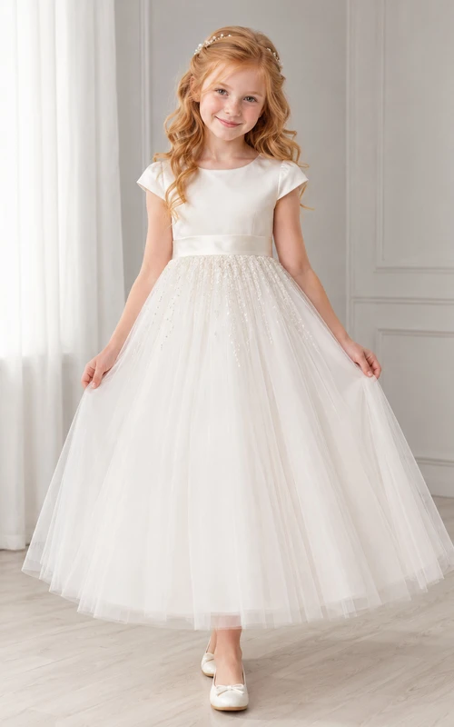 Vestido de comunión de tul brillante con mangas cortas y largo hasta el tobillo para niña de las flores.