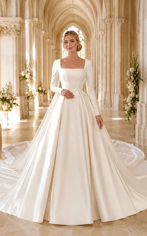 Robe de mariée longue à manches longues et col carré, en satin plissé, avec traîne cathédrale et dos couvert