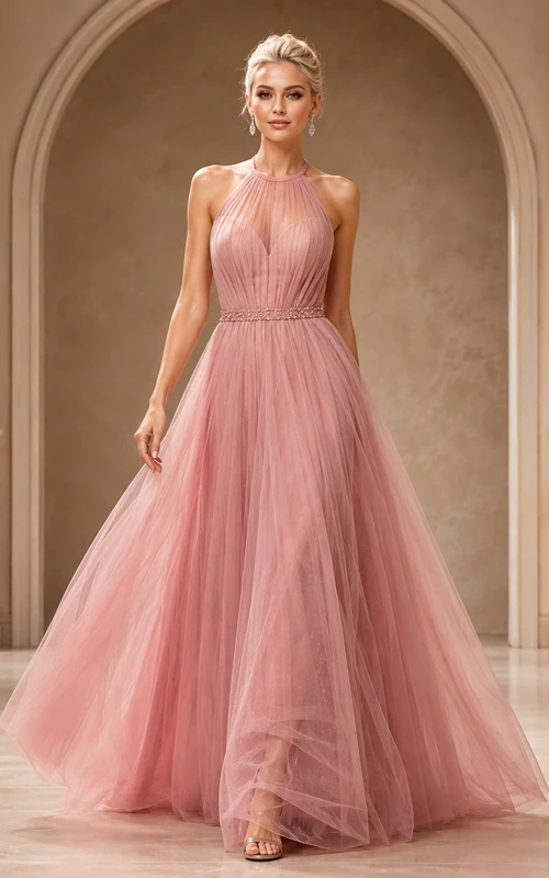 Dusty Rose High Neck Sleeveless Pleated Tulle Ball Gown Prom Dress
