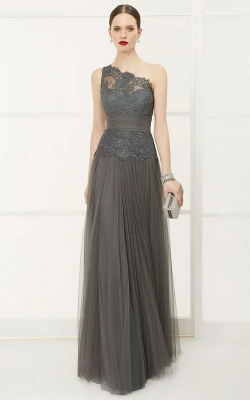 Lace Top One Shoulder A-Line Tulle Long Prom Dress With Bandage And Sequins