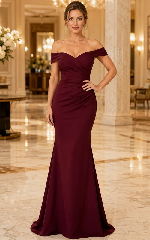 Elegant Off Shoulder Mermaid Ruching Floor Length Formal Evening Gown