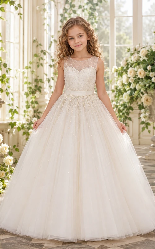 A-Linien-Blumenmädchenkleid mit Spitzenoberteil, Tüllrock in Teelänge und Schleifendetail, Rundhalsausschnitt und Schleifenverzierung.