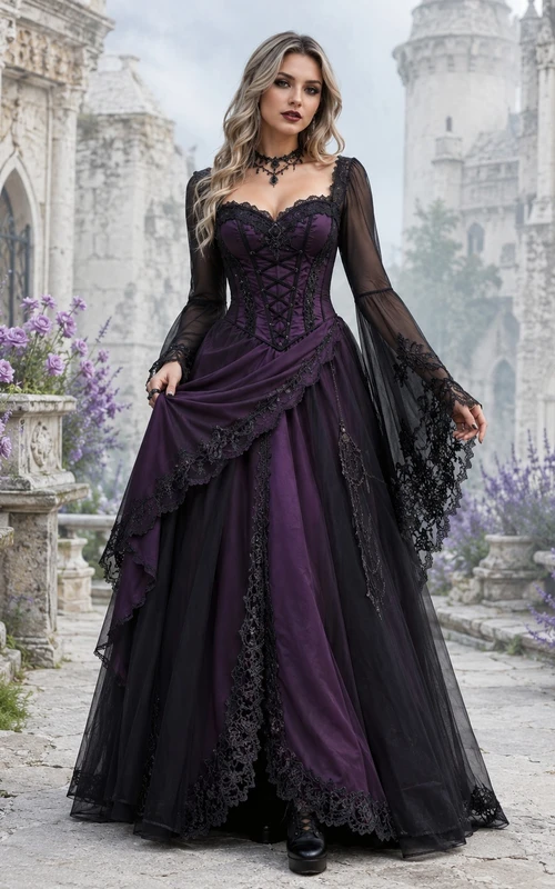 Purple Bohemian Long Sleeve Lace Sweetheart A-Line Floor-length Romantic Gothic Dress