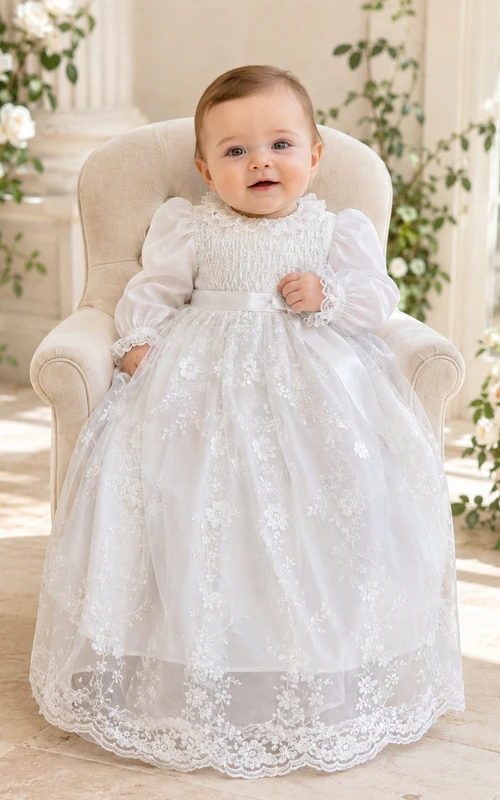 Bishop Sleeve Christening Gown A-Line Lace Tulle Jewel Neck Scalloped Hem