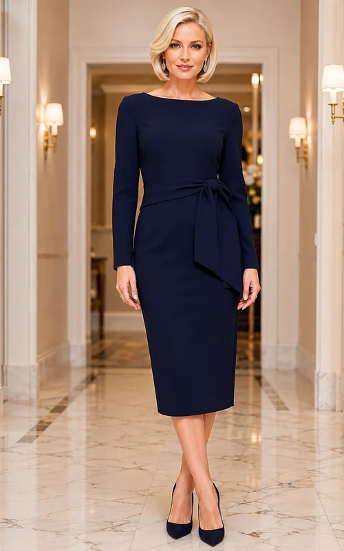 Ink Navy Modest Jewel Jersey Long-Sleeve Sheath Knee-Length Mother Dress