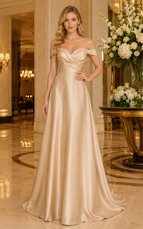 Robe de mariée champagne en satin, coupe trapèze, épaules dénudées et traîne.