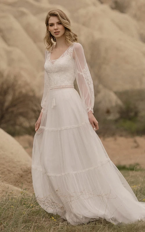 Robe de mariée fluide 2 en 1 en tulle, col V, manches longues, coupe trapèze, avec haut en dentelle