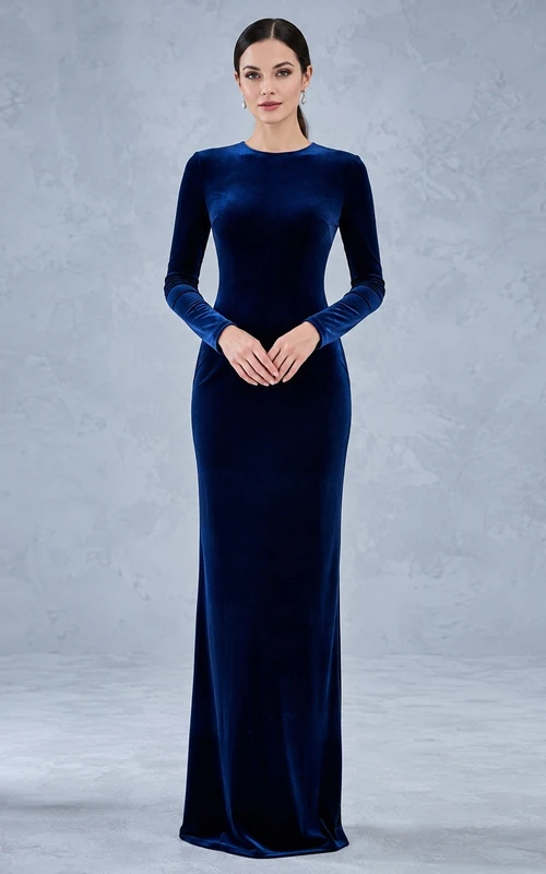 Modest Ink Navy Velvet Sheath Floor-Length High Neck Long Sleeve Evening Dress
